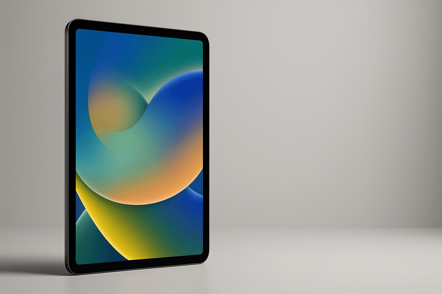 Blue iPad Air M3 angled against neutral gradient background with copy-safe space