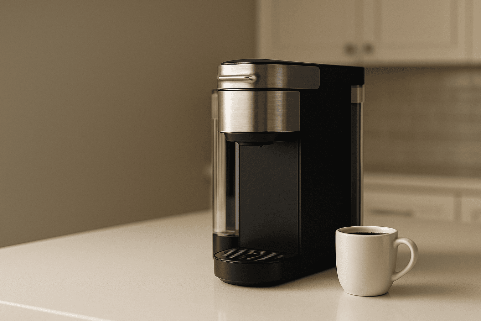 Keurig K-Supreme Plus SMART on kitchen counter with mug and clean negative space