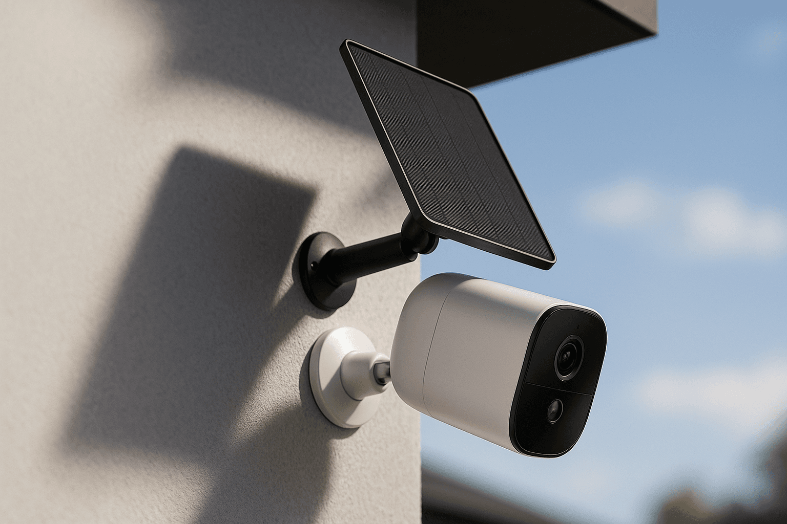 EufyCam S3 Pro mounted outdoors with solar panel and clean sky background