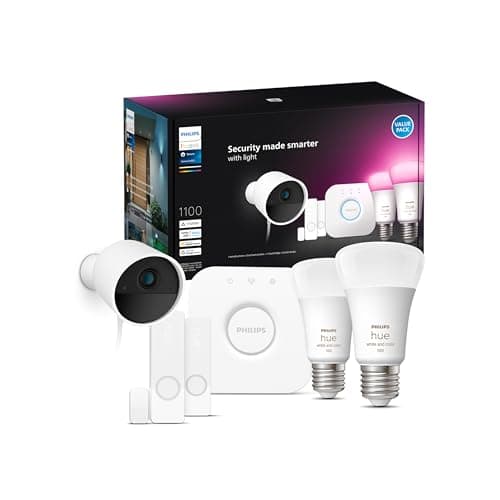 Amazon image of Philips Hue Starter Kit box with bulbs and bridge on white background.