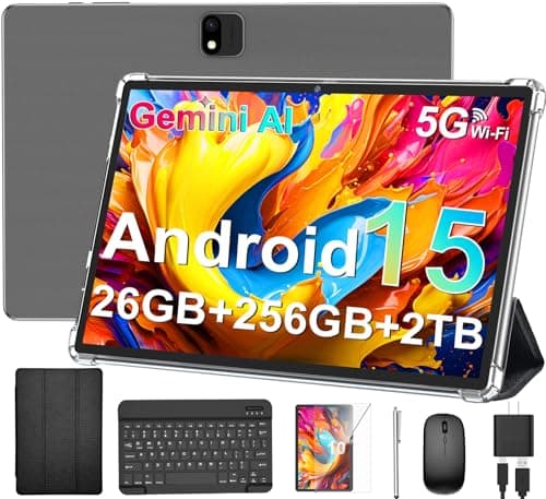 Android Tablet with Keyboard, 2026 Android 15 Tablet 10 inch, 26GB+256GB+2TB Expand, Electronic Tablet PC with Gemini, 8-Core, 8000mAh, 5G WiFi, GMS, 2 in 1 Tablet with Case/Mouse/Stylus(Black Case)