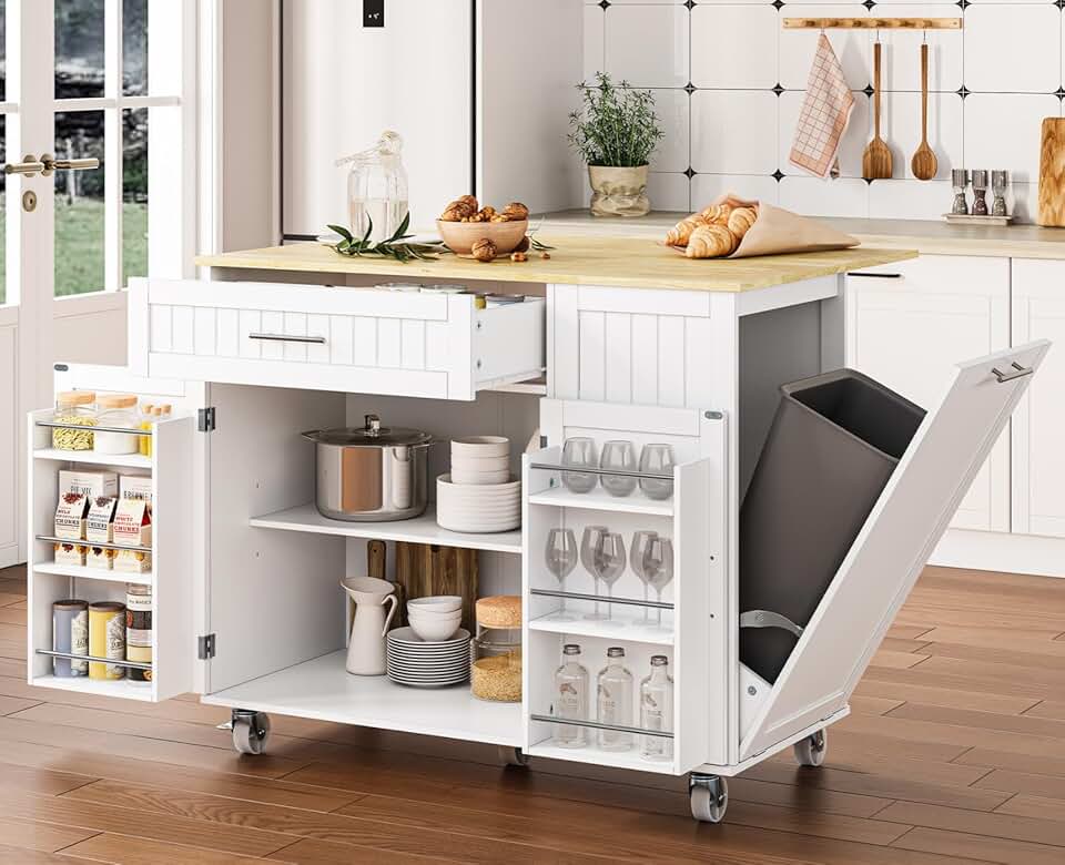 OtterOasis Kitchen Island with Storage, 43.3" Rolling Kitchen Island Cart on Wheels with Wide Drop Leaf Rubberwood Top, Large Mobile Island Table with Trash Can Storage and Towel Bar, White